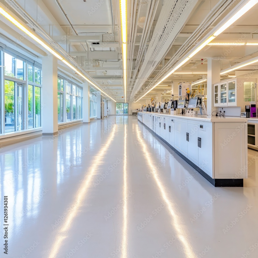Obraz premium Modern Bright Laboratory Interior with Long Corridor and White Equipment