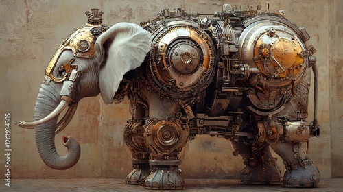 Mechanical elephant stands with intricate steampunk inspired design features
