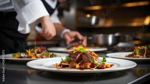 meat chef in commercial kitchen photo