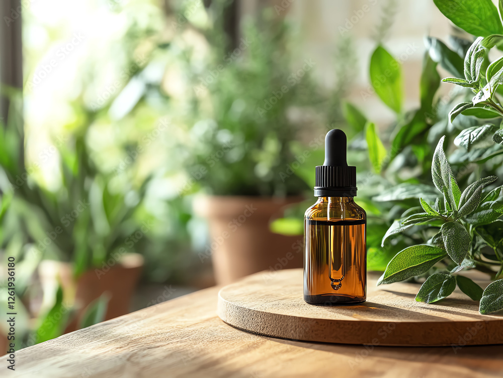 A dropper bottle placed on a wooden surface surrounded by vibrant green plants. A dropper bottle placed on a wooden surface surrounded by vibrant green plants.