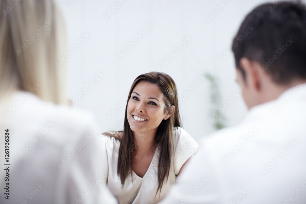 Fototapeta premium Clients, business woman and meeting for planning, financial advice and profit growth. Consulting, group and happy manager brainstorming project, talk and negotiation for wealth management in office