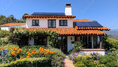 Sunny Spanish-style home with solar panels, garden, and view photo