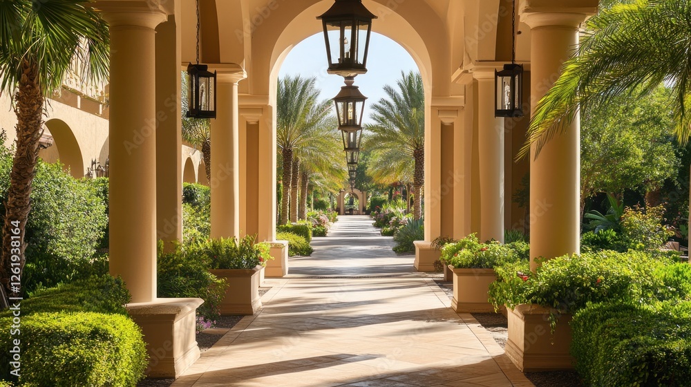 Obraz premium Sunlit Courtyard Walkway: A Serene Resort Path