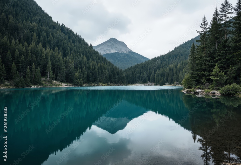 Turquoise lake reflects evergreen forests, mountain peak. Turquoise lake reflects evergreen forests, mountain peak.