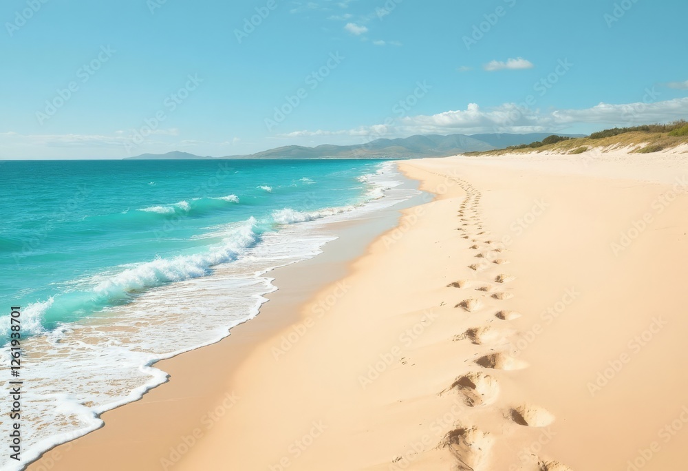 Turquoise Ocean Waves, Beach, and Footprints Turquoise Ocean Waves, Beach, and Footprints