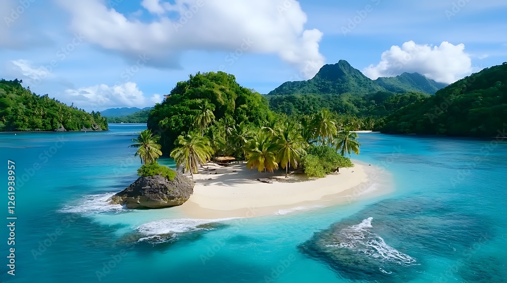 Fototapeta premium Tropical island getaway remote paradise aerial view lush landscape serene environment