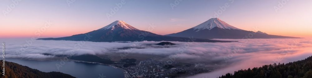 Twin Snowcapped Mountains Over Cloud Sea and Lakeside Town Twin Snowcapped Mountains Over Cloud Sea and Lakeside Town