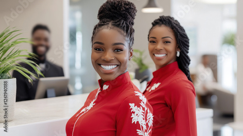 Black business woman in red dress with white embroidery smiling standing at hotel front desk