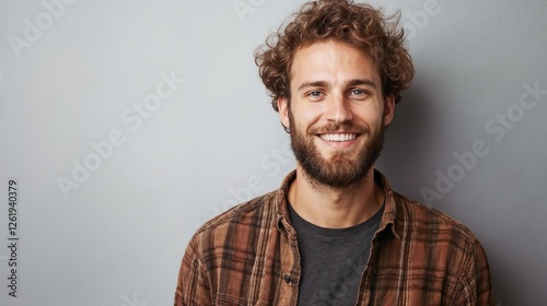 Smiling bearded man in plaid shirt against grey background. Perfect for casual lifestyle, authentic portraits, and modern masculinity content.