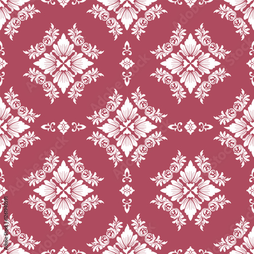 Floral pattern. Wallpaper baroque, damask. Seamless vector background. Red and white ornament. Stylish graphic pattern