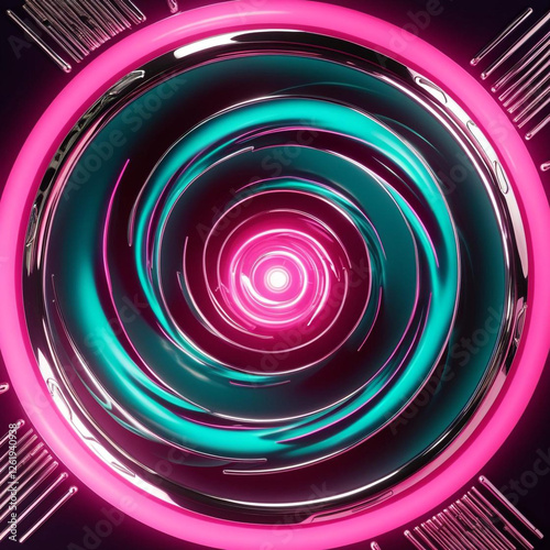 A glowing, neon-lit vortex with deep shadows and retro-futuristic details