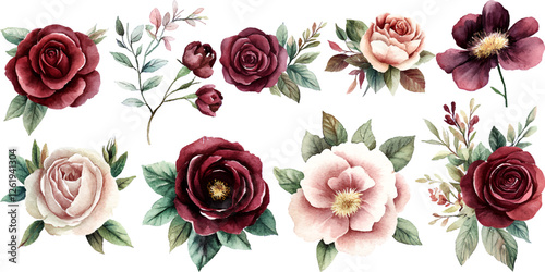 Watercolor Floral Clipart Set with Burgundy and Beige Roses, Green Leaves, and Botanical Accents