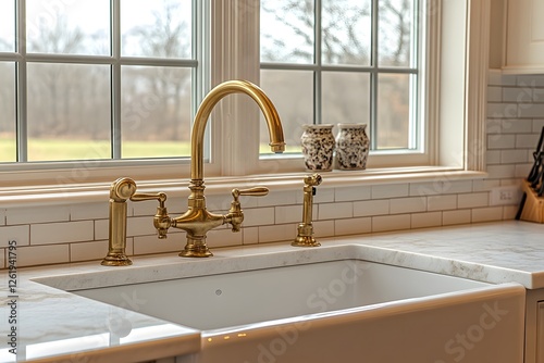 Gold faucet in white kitchen sink by window overlooking field photo