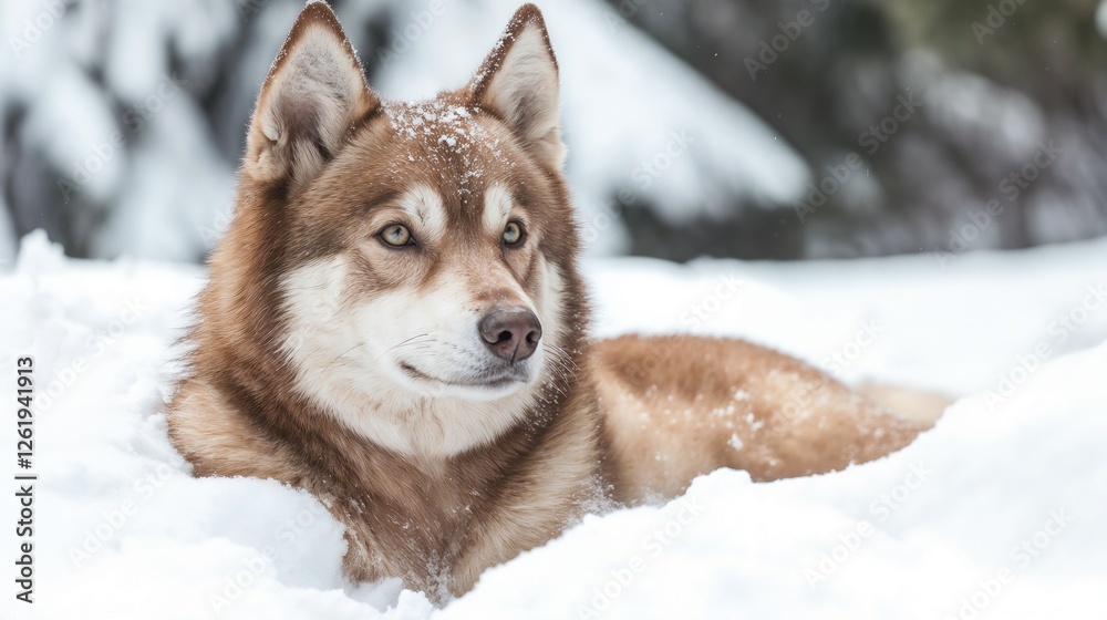 Obraz premium Husky dog resting in snow. Ideal for winter animals, pet portraits, and cold weather companion content.