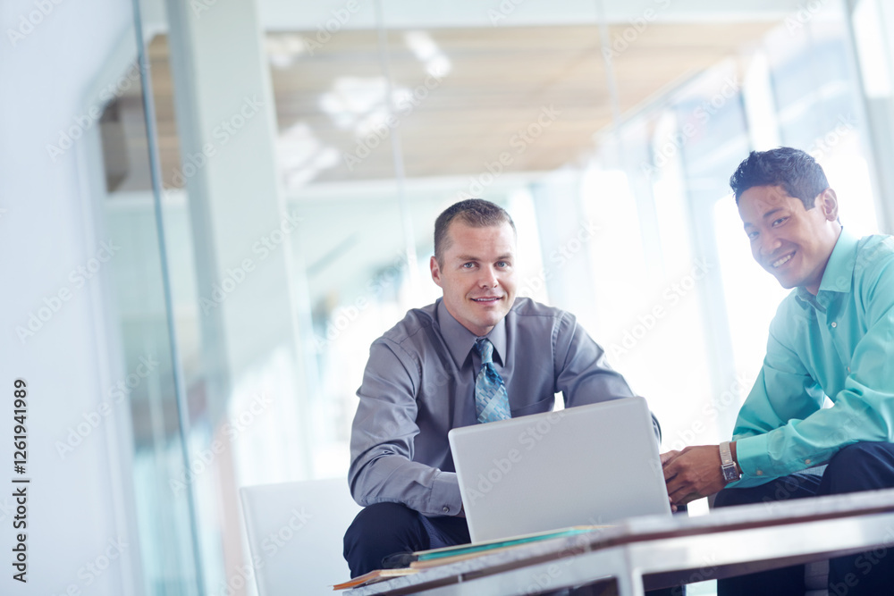 Men, laptop and team project for human resources in office, policy briefing and company introduction. Online, discussion and collaboration with onboarding recruitment process, support and portrait