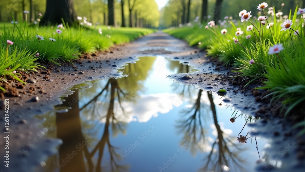 A serene puddle reflecting the sky and trees after a spring rain, creating a picturesque and peaceful atmosphere. A serene puddle reflecting the sky and trees after a spring rain, creating a picturesque and peaceful atmosphere.
