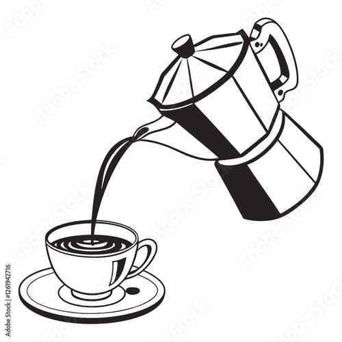 Freshly brewed coffee elegantly pouring from a classic Moka pot into a cup.