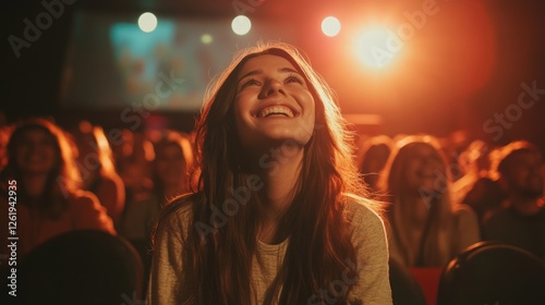 Audience watches film in auditorium, captivating atmosphere. Stage lights presentation. People crowd focus on excited movie, anticipation. Cinema theatre event, public speaking, talk.