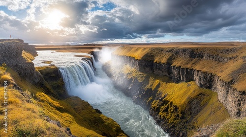 Majestic waterfall canyon, Iceland, sunny day, dramatic clouds