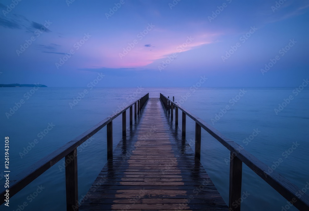 Wooden Pier at Dusk with Calming Blue Waters Wooden Pier at Dusk with Calming Blue Waters