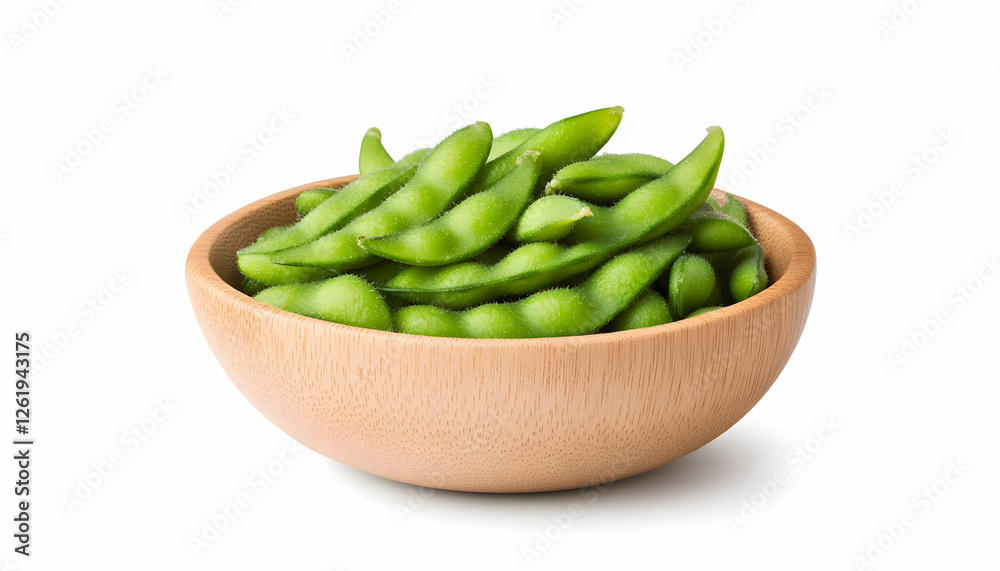 Edamame in wooden bowl isolated on white background, a healthy appetizer. Generative AI Edamame in wooden bowl isolated on white background, a healthy appetizer. Generative AI