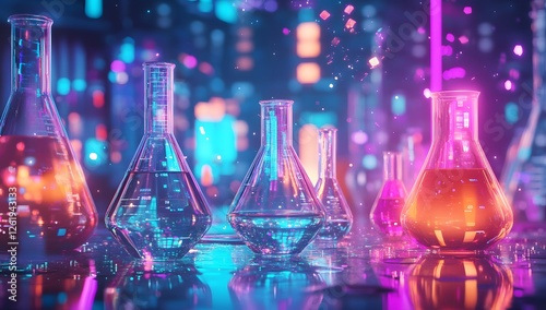 Futuristic lab glassware with vibrant neon city lights in background photo