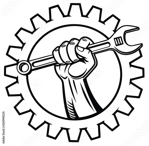 A strong hand grips a wrench in front of a gear, symbolizing industry, repair, and construction.