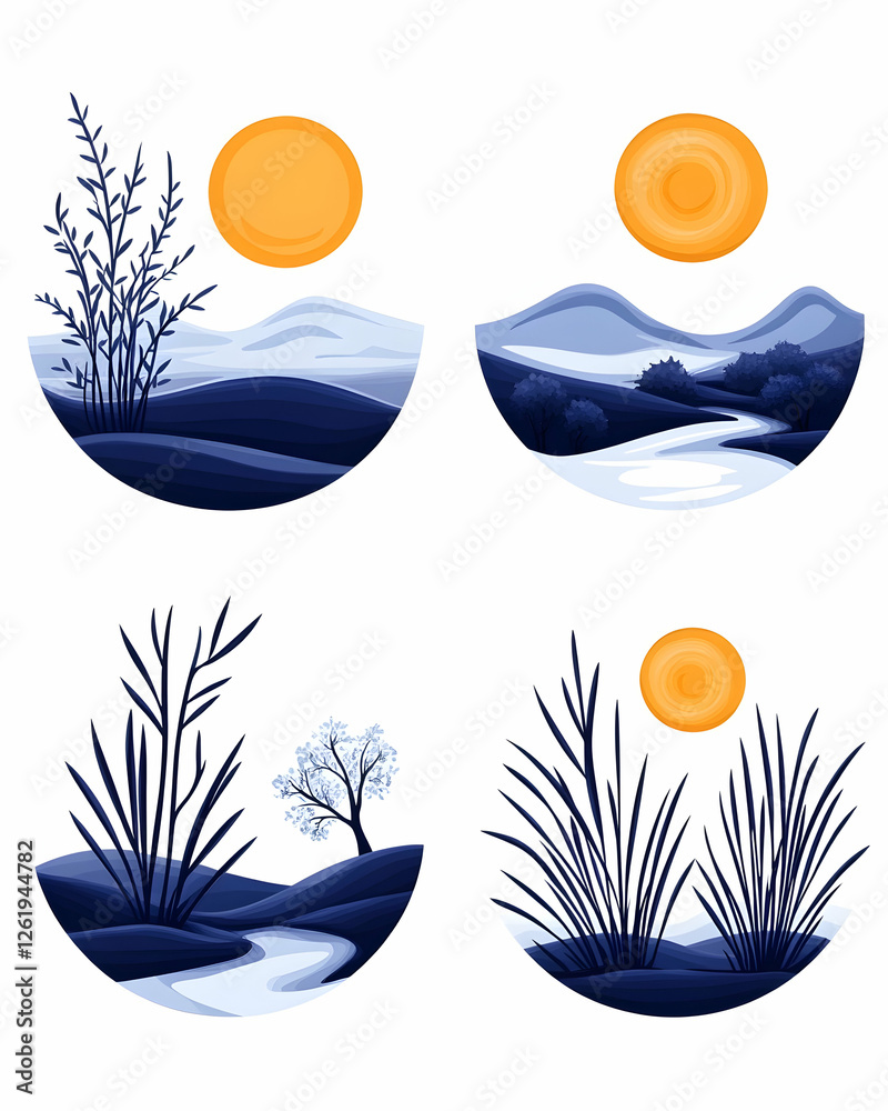 Naklejka premium Four scenic landscape illustrations, calm nature, mountain, river, and plant design. Generative AI