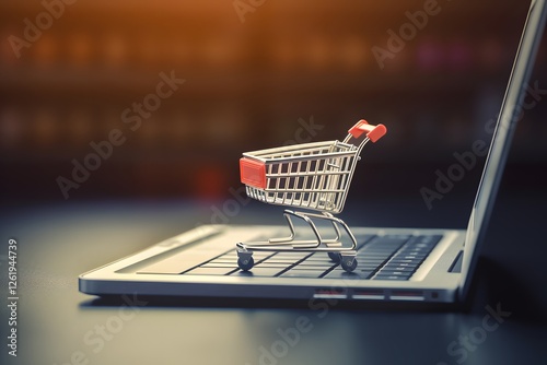Miniature empty shopping cart on a laptop computer