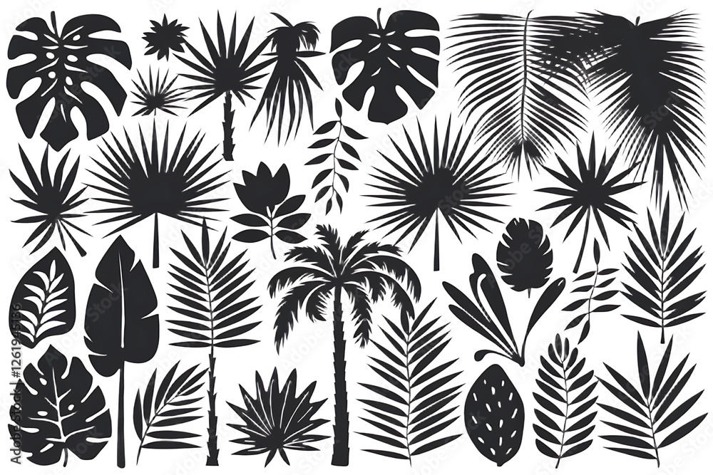 Fototapeta premium Black Silhouettes of Tropical Leaves, Palms & Trees – High-Quality PNG