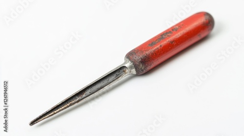 Red-handled awl on white background; woodworking tool