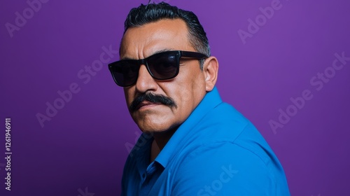 A Confident Middle-Aged Latino Man in Sunglasses Against a Purple Background
