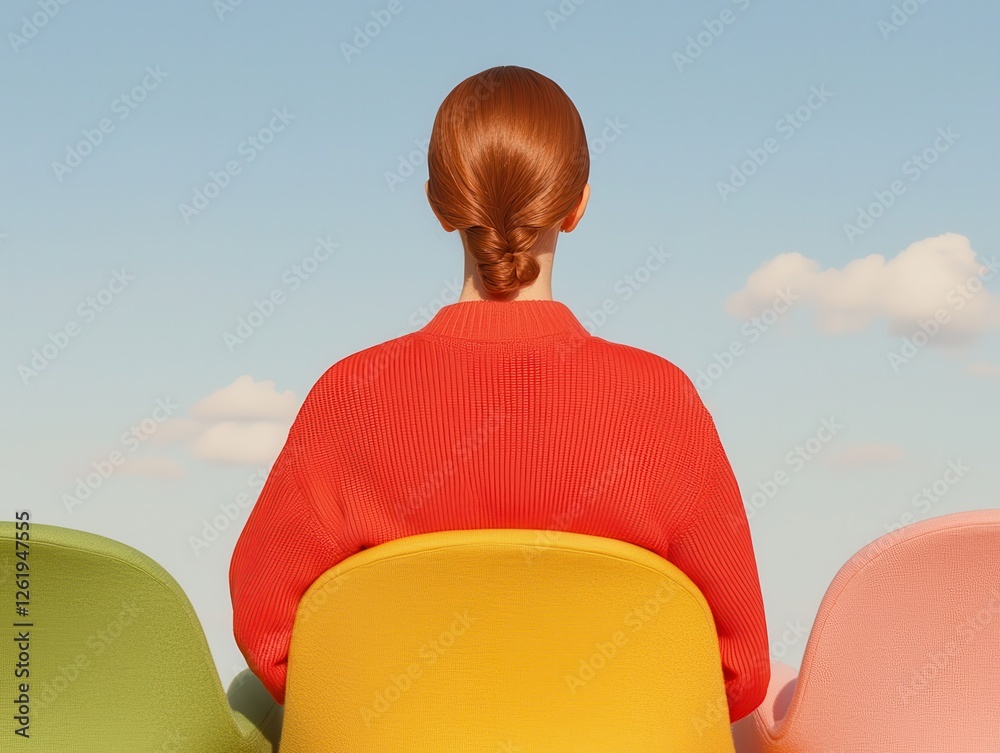 Fototapeta premium Contemplative woman in colorful chairs outdoor setting portrait serene atmosphere rear view self-reflection