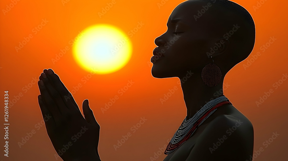 Woman praying sunset African savanna spiritual hope Woman praying sunset African savanna spiritual hope