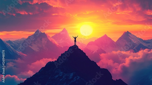 Person Celebrating Victory at Sunrise atop Mountain Peak with Clouds