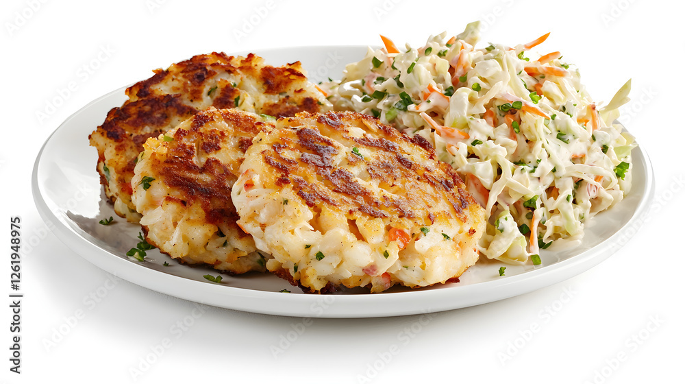 Delicious Rustic Maryland Crab Cakes Served with Fresh Coleslaw on White Plate Delicious Rustic Maryland Crab Cakes Served with Fresh Coleslaw on White Plate