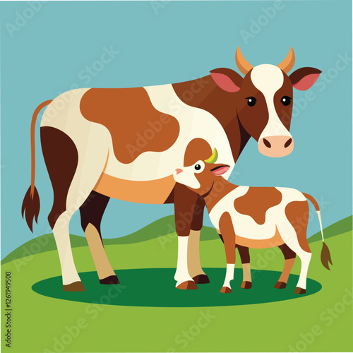 Cow suckling her calf. Cow is feeding its calf, bos taurus, bovidae