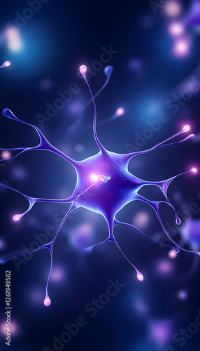 Neuron network transmits electrical and chemical signals in dark blue background use. Generative AI