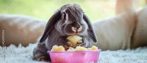 A Playful Rabbit Relishes Food from a Colorful Bowl in a Cozy Setting photo