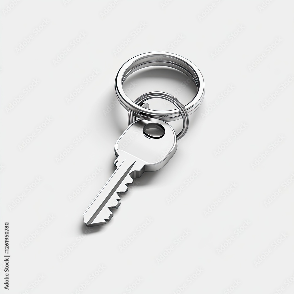 Silver key on keyring, studio shot, minimalist Silver key on keyring, studio shot, minimalist