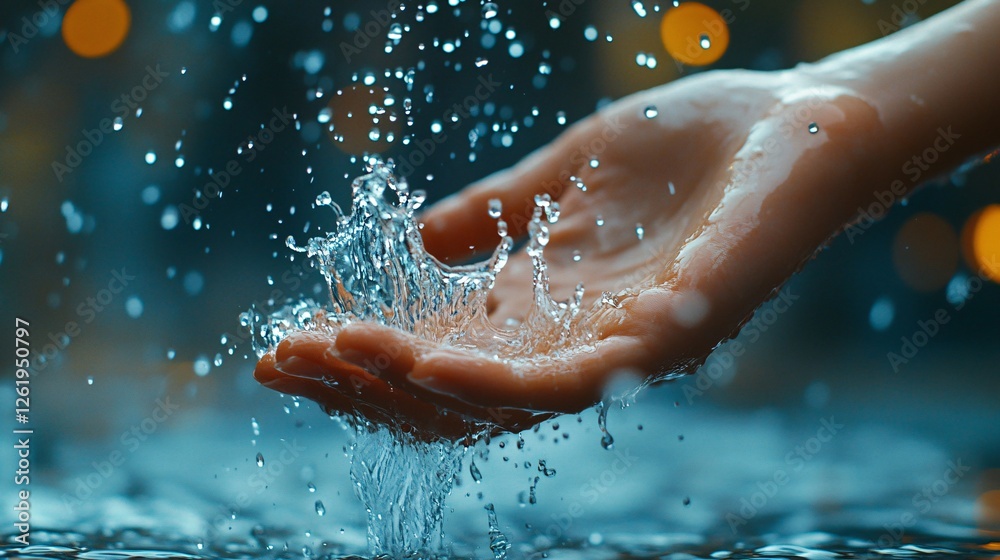 Fototapeta premium Hand Reaching for Water with Splashes and Bokeh Background