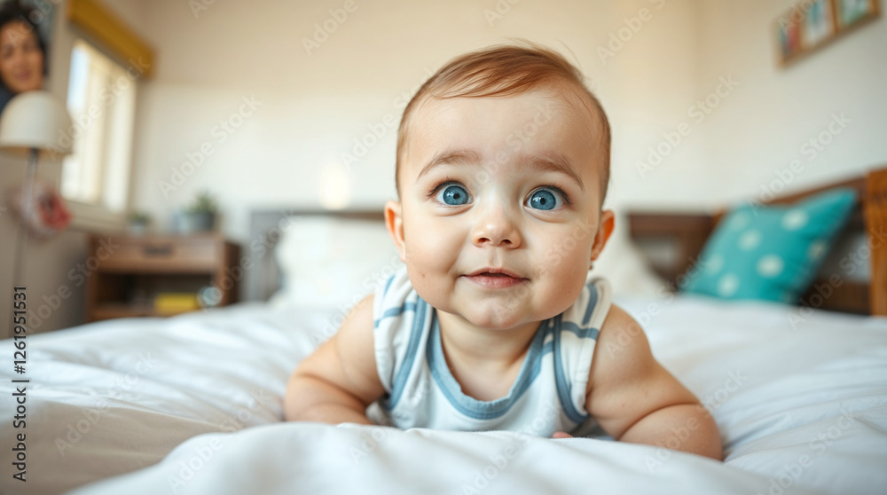 Cute little baby lying on his stomach in bed at home Cute little baby lying on his stomach in bed at home
