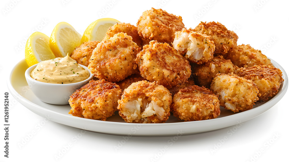 Golden Brown Crab Cakes Served with Lemon Wedges and Creamy Dipping Sauce on a White Plate Golden Brown Crab Cakes Served with Lemon Wedges and Creamy Dipping Sauce on a White Plate