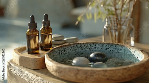 Relaxing Spa Setting with Essential Oils and Calm Water Bowl