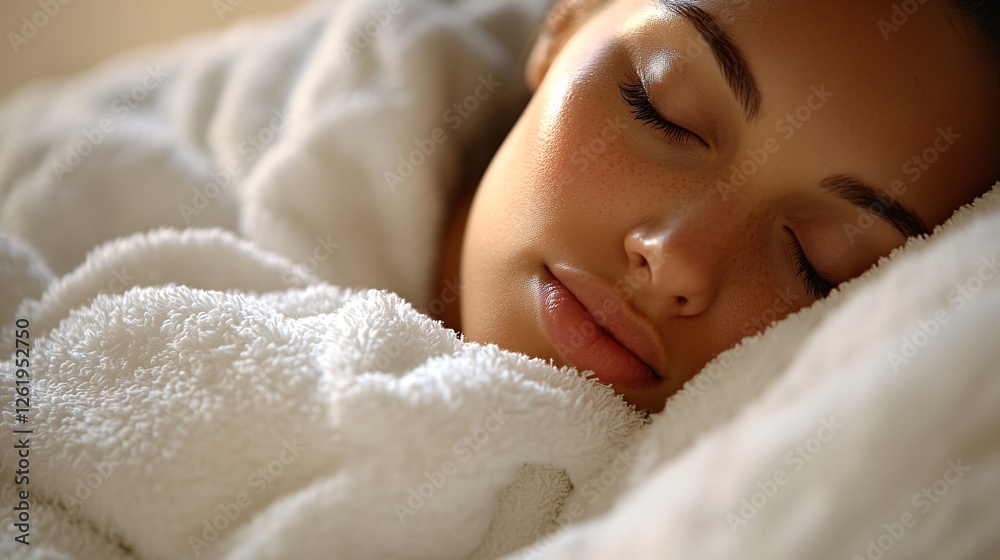 Serene Woman Sleeping Comfortably Wrapped in Cozy White Blanket Serene Woman Sleeping Comfortably Wrapped in Cozy White Blanket