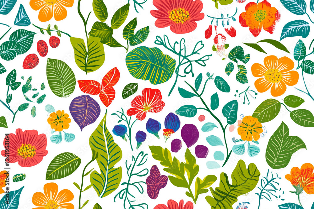 Bright floral patterns with the image of exotic plants and flowers on a white background, textures, patterns