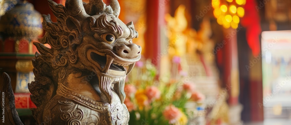 Fototapeta premium Majestic Guardian Creature in Serene Temple Setting