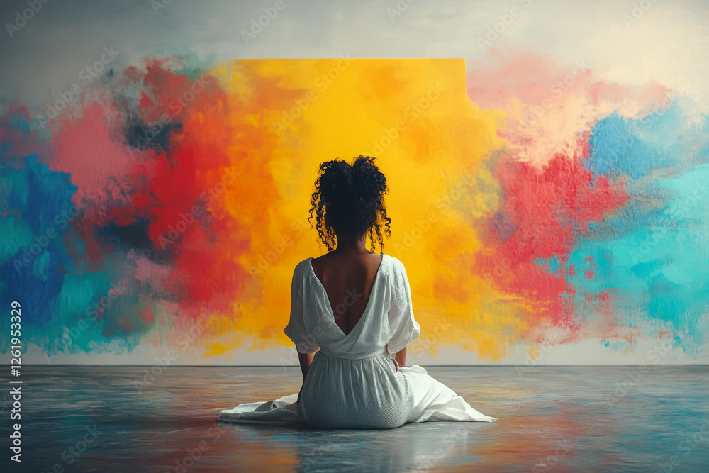Woman in white dress sits on the floor facing colorful abstract artwork. Concept of creativity and contemplation. For art inspiration.