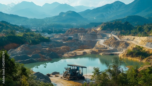 Quarry operation in mountains; mining equipment, lake, landscape photo