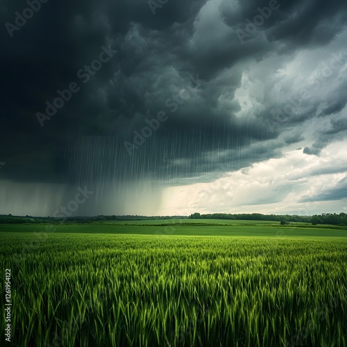 Heavy rain storm over green field photo